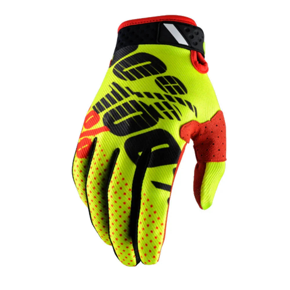 High-visibility yellow and red sports glove with black graphic design and perforated red finger panel