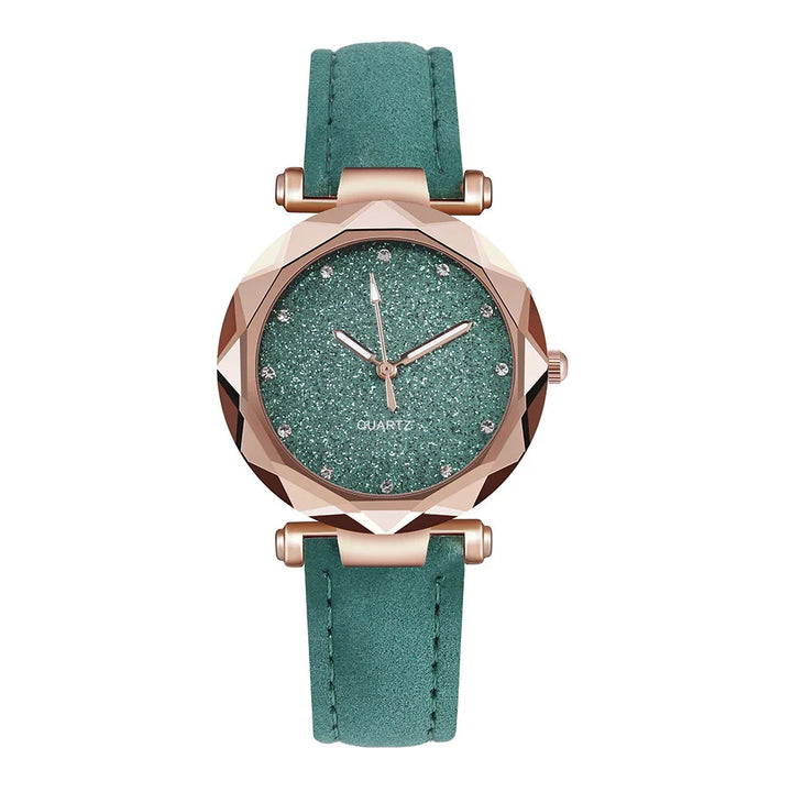 Rose gold quartz wristwatch with a teal glitter dial and teal leather strap