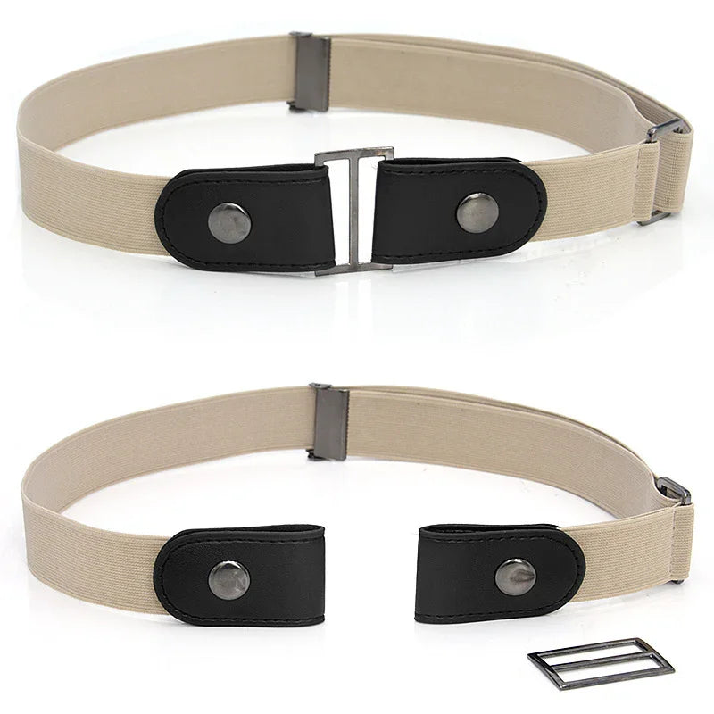 Beige elastic belt with black snap button ends and metal buckle, shown fastened and unfastened