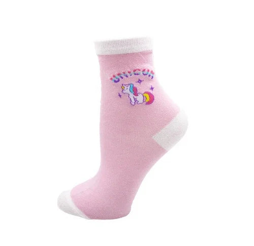 Pink ankle sock with white cuff and toe featuring a colorful unicorn design and the word unicorn
