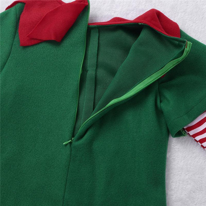 Green and red Christmas elf costume with zipper and striped sleeves on white background