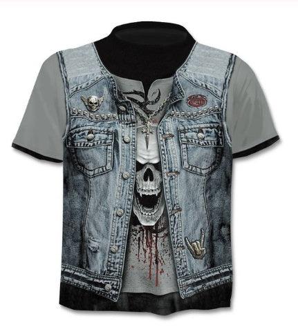 Graphic t-shirt with printed denim vest, skull face, and rock band patches on gray background