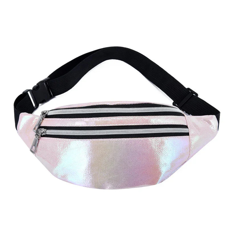 Iridescent pink fanny pack with two zippered compartments and adjustable black strap