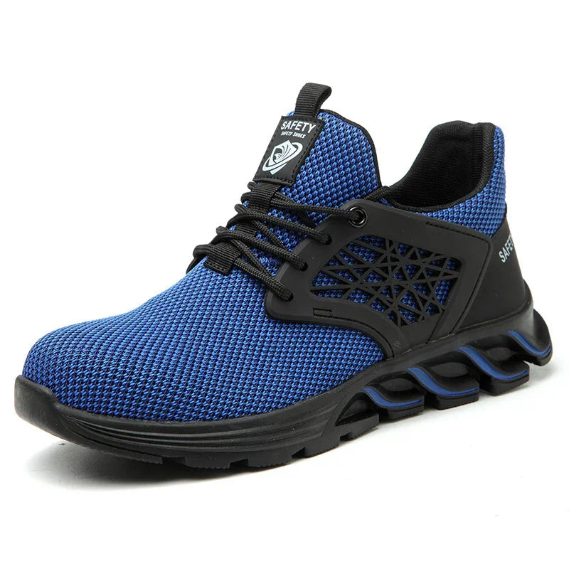 Blue and black safety shoe with breathable mesh upper and cushioned sole, ideal for work