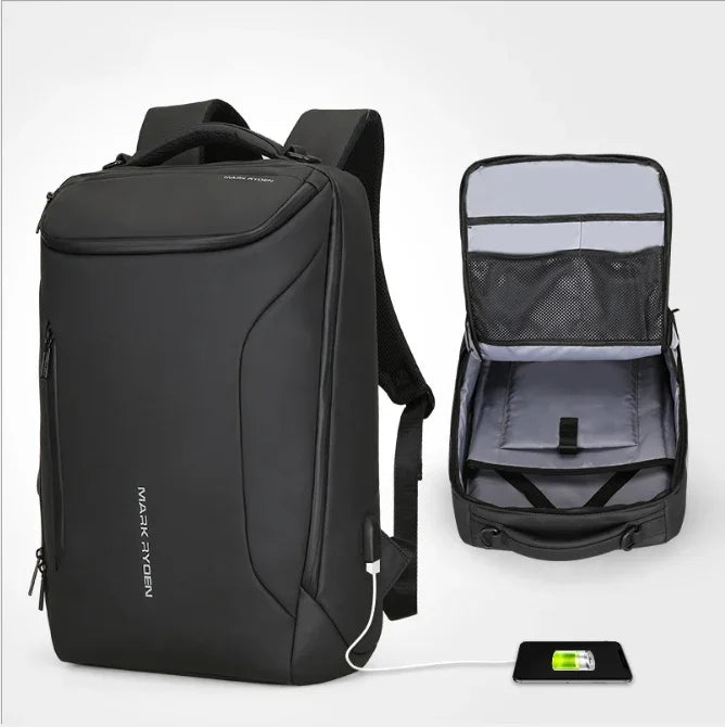 Black Mark Ryden anti-theft backpack with USB charging port and organized interior compartments