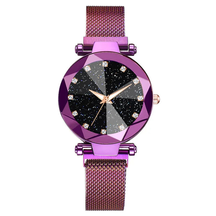 Purple mesh band women's watch with black glitter dial and faceted bezel