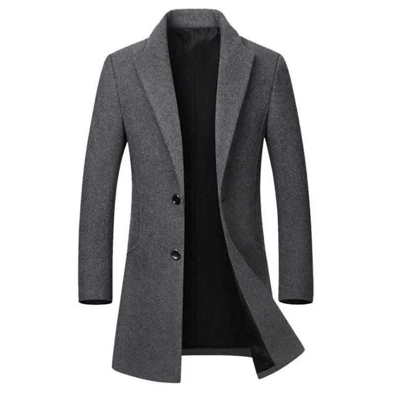 Men's grey wool blend overcoat with lapel collar and two-button front closure