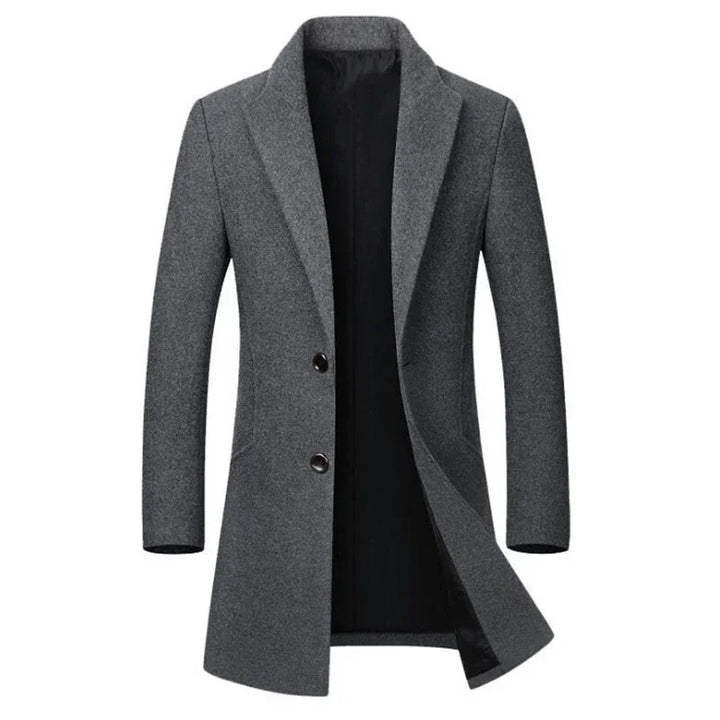 Men's grey wool blend overcoat with lapel collar and two-button front closure