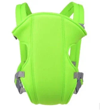 Bright green baby carrier with adjustable gray straps and padded shoulder support