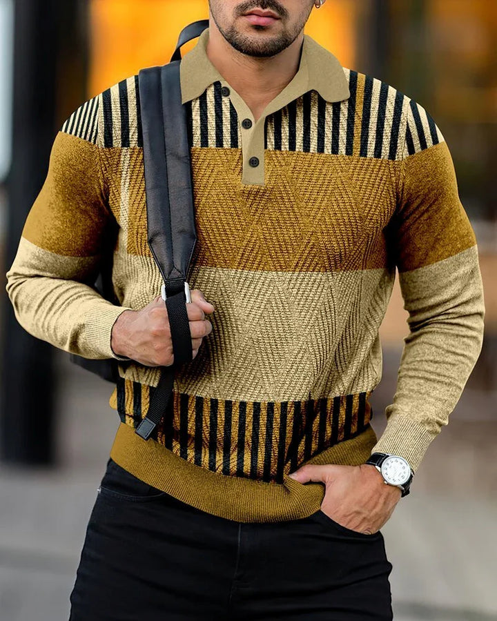 Man wearing a stylish brown and beige striped textured knit polo sweater with black pants and watch