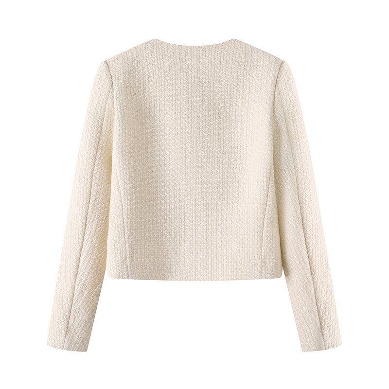 Cream textured long-sleeve women's blazer jacket with tailored fit, back view