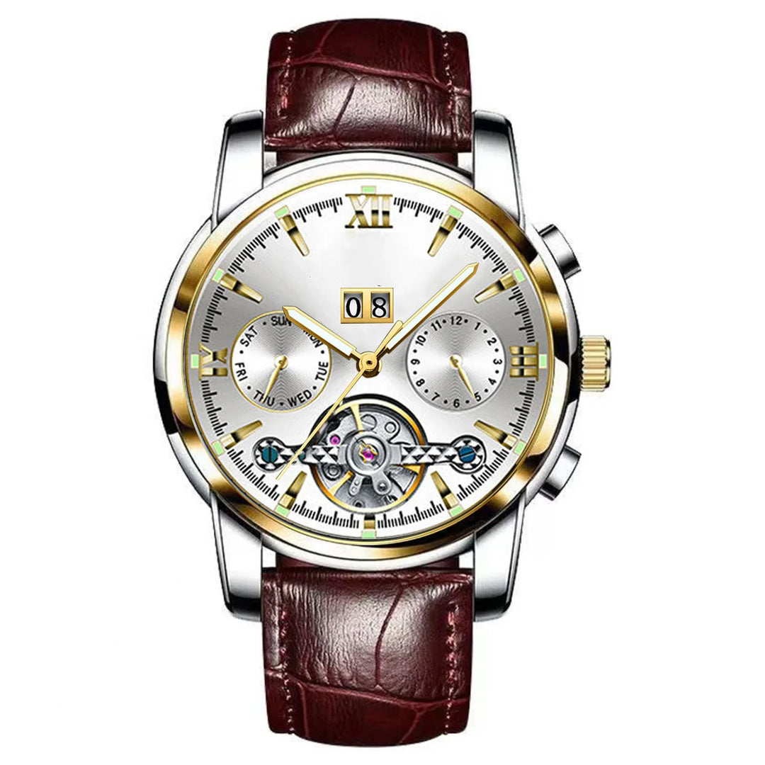Luxury men's wristwatch with gold and silver dial, brown leather strap, day and date subdials