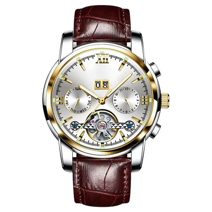 Luxury men's wristwatch with gold and silver dial, brown leather strap, day and date subdials