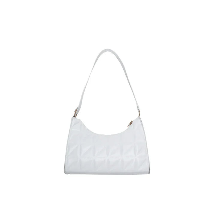 white quilted shoulder bag with curved top and single strap isolated on white background