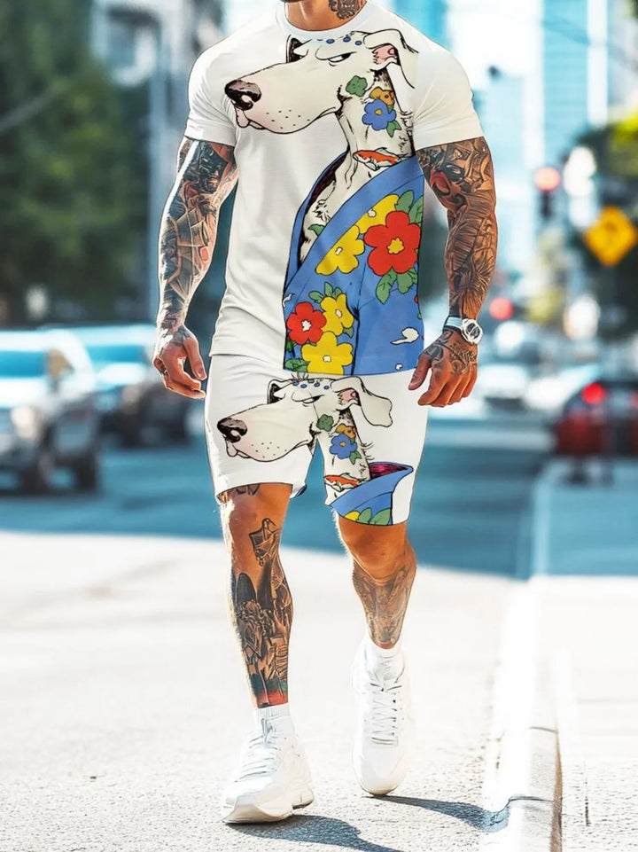 man with tattoos wearing white t-shirt and shorts featuring colorful dog print and flowers urban street