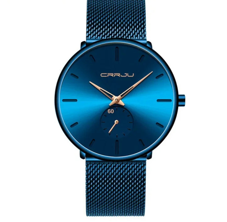 CRRJU blue stainless steel mesh strap wristwatch with minimalist dial and gold hands
