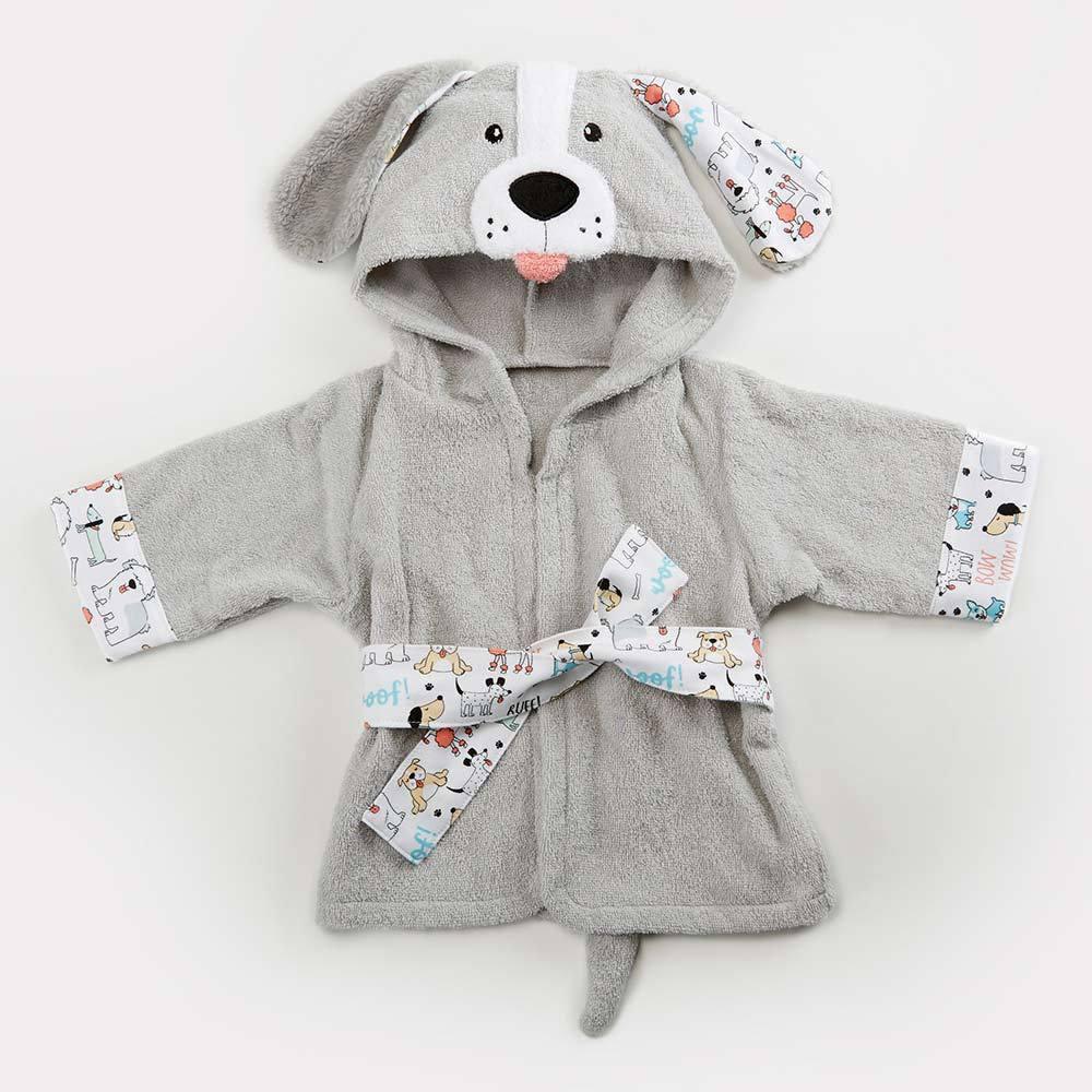 Gray toddler bathrobe with dog face hood, floppy ears, printed cuffs and belt, and small tail detail