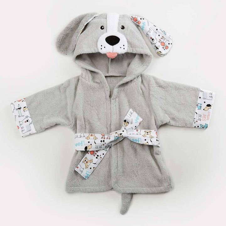 Gray toddler bathrobe with dog face hood, floppy ears, printed cuffs and belt, and small tail detail