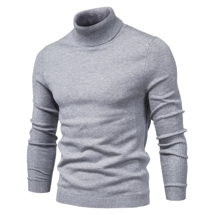 Light gray men's fitted turtleneck sweater with ribbed cuffs and hem
