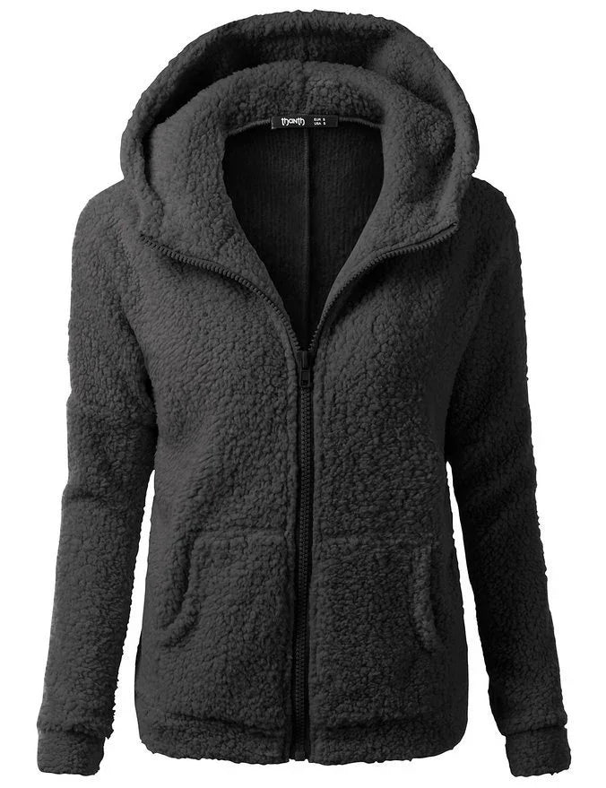 Black sherpa fleece zip-up hoodie jacket with front pockets and long sleeves