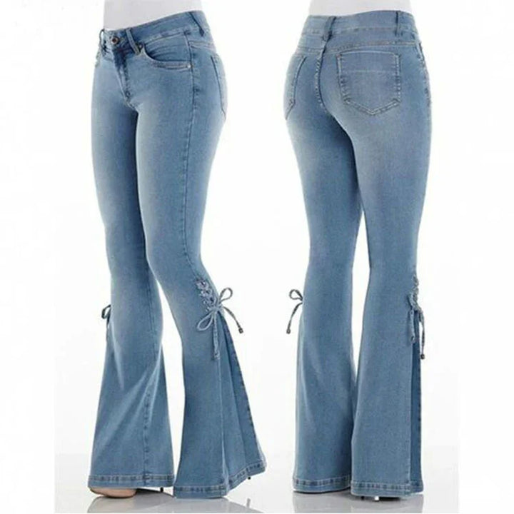 Light blue flared jeans with side lace-up detailing on both legs, front and back view