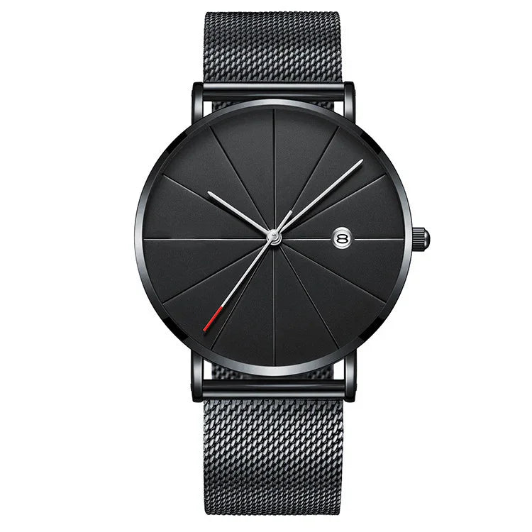 Minimalist black wristwatch with mesh band, radial dial details, and small date window at 3 o'clock