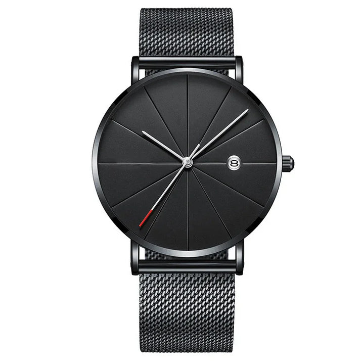 Minimalist black wristwatch with mesh band, radial dial details, and small date window at 3 o'clock