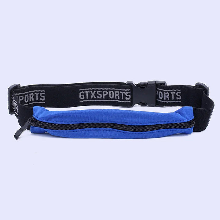 Blue sports waist pack with black adjustable strap and GTXSPORTS branding