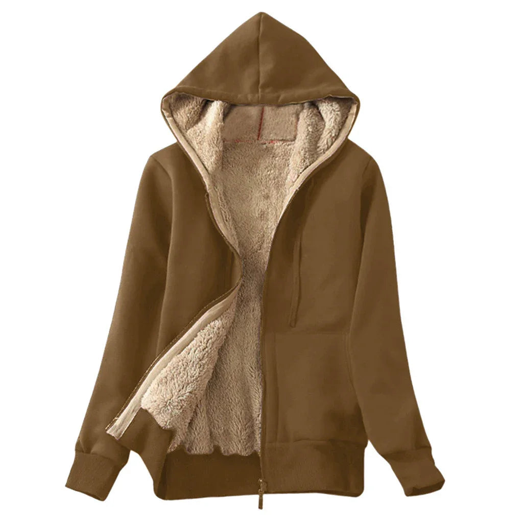 Brown hooded zip-up jacket with soft beige sherpa fleece lining on white background