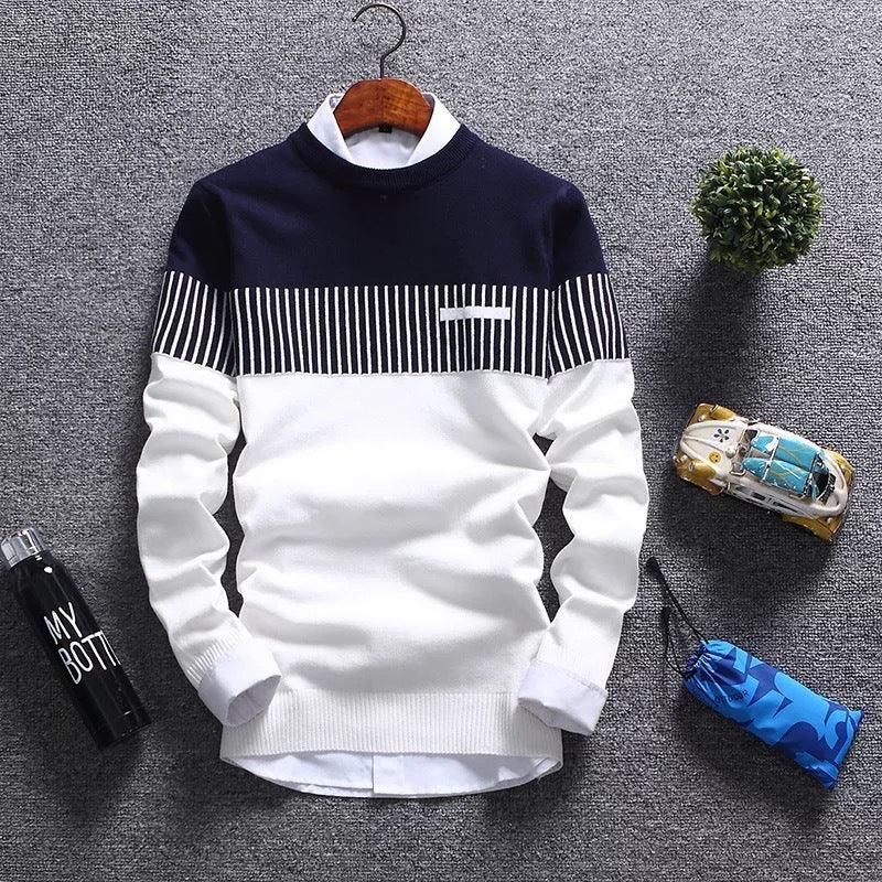 Men's navy and white striped knit sweater with white shirt collar, displayed on gray carpet with black water bottle, toy car, blue pouch, and small green plant