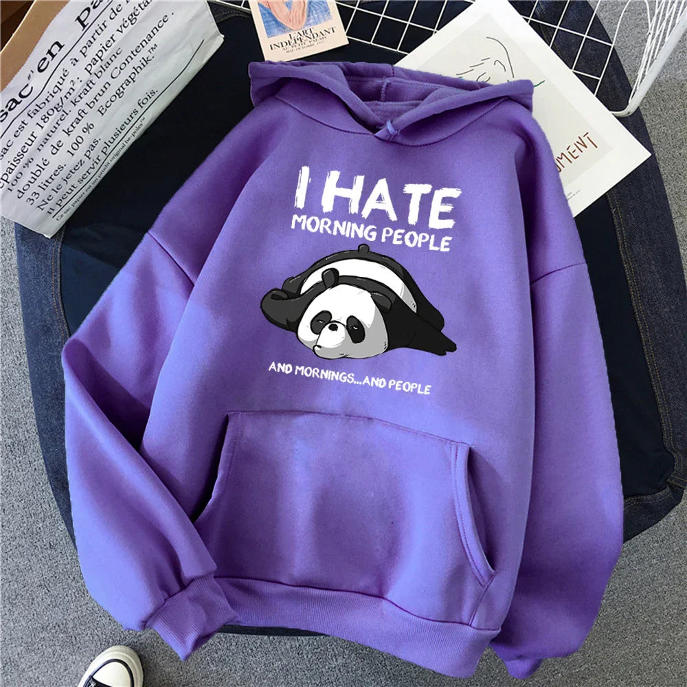 Purple hoodie with a cartoon panda lying down and text saying I hate morning people and mornings and people