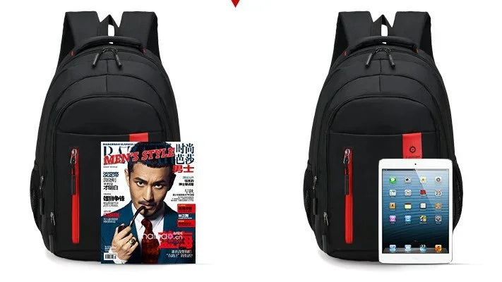 Black backpack with red zipper detail shown alongside magazine and tablet for size comparison