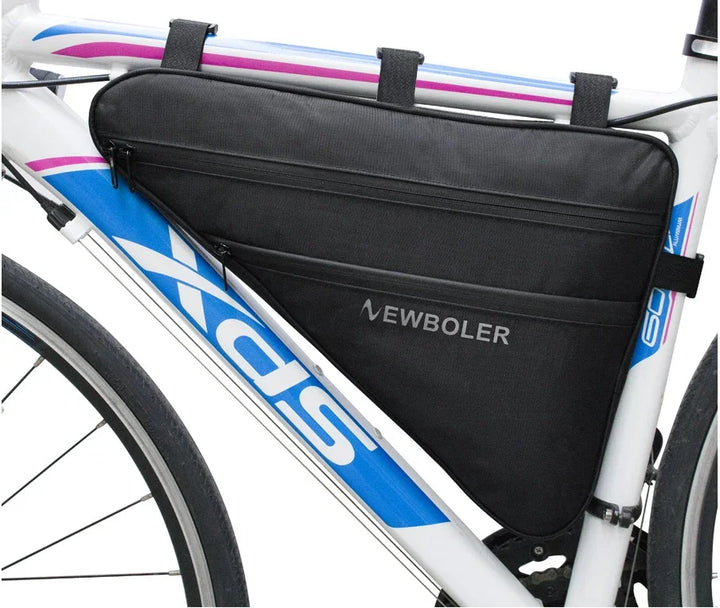 Newboler black bike frame bag mounted on a white and blue road bicycle
