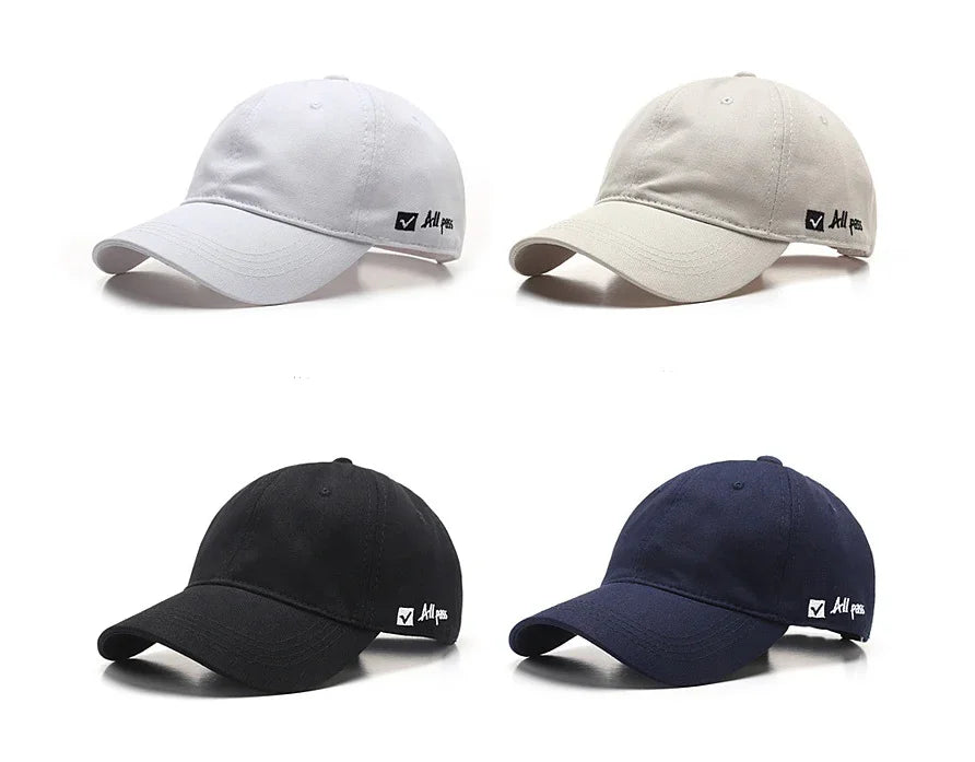 Set of four unisex baseball caps in gray, beige, black, and navy with small 'All pass' logo on side