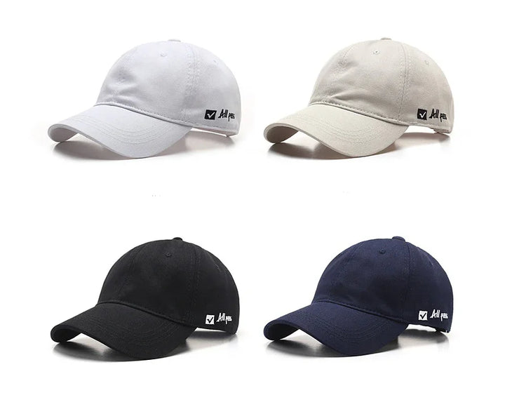 Set of four unisex baseball caps in gray, beige, black, and navy with small 'All pass' logo on side