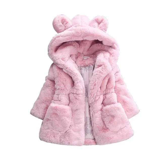 Soft pink toddler faux fur coat with hood and bear ears, cozy warm kids winter jacket