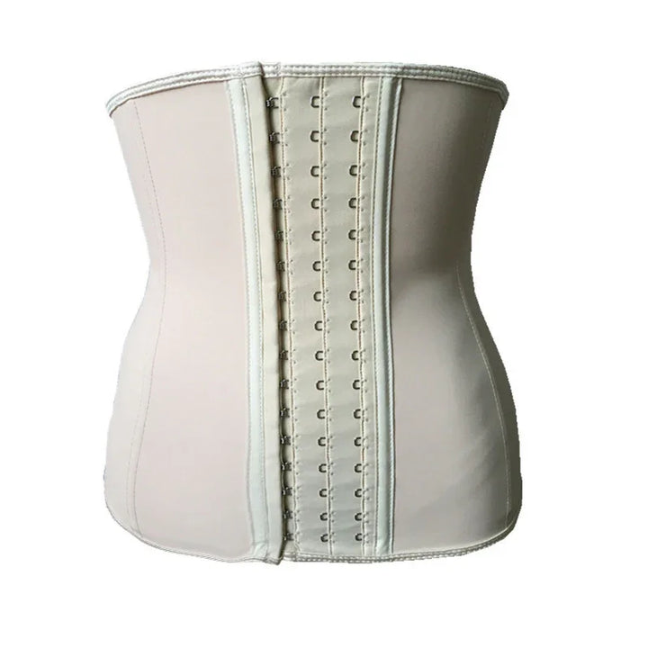 Beige waist trainer with front hook-and-eye closures and smooth contoured design