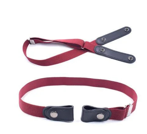 Adjustable maroon elastic suspenders with black leather button attachments on white background