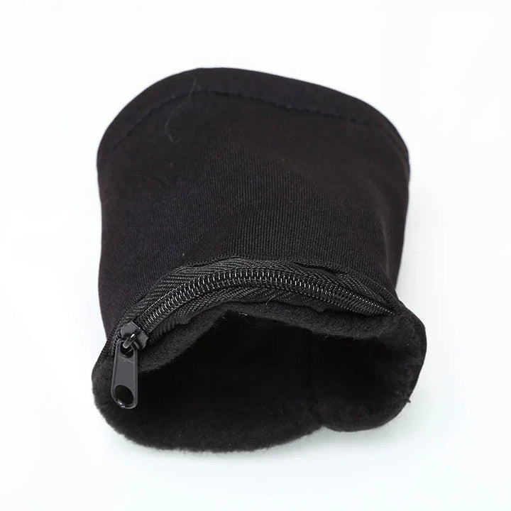Black fleece-lined zippered pouch on white background