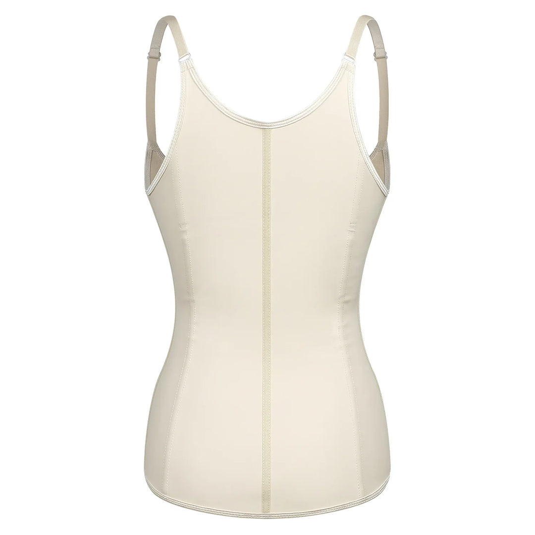 Back view of beige slimming shapewear camisole with adjustable straps on white background