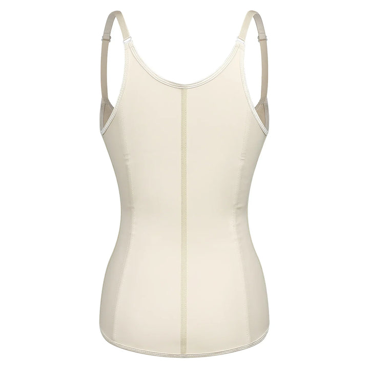 Back view of beige slimming shapewear camisole with adjustable straps on white background