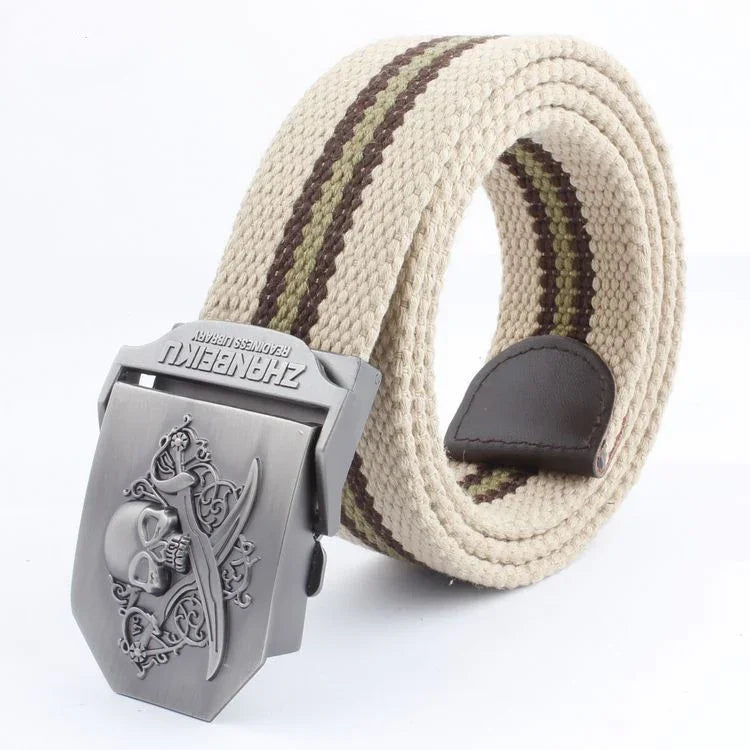 Beige canvas belt with brown stripes and metal skull buckle with crossbones design