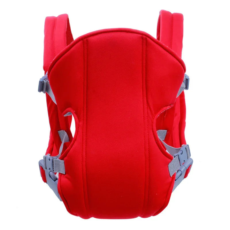 Bright red baby carrier with padded shoulder straps and adjustable gray buckles on white background