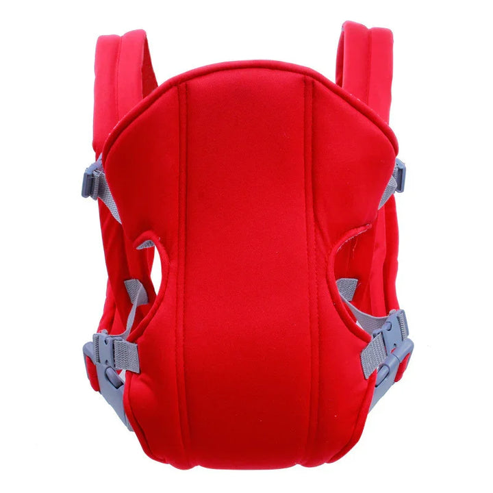 Bright red baby carrier with padded shoulder straps and adjustable gray buckles on white background