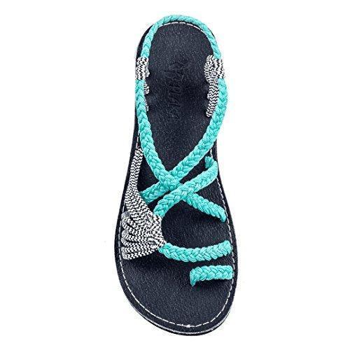 black flat sandal with turquoise and white braided straps and toe loop, casual summer footwear
