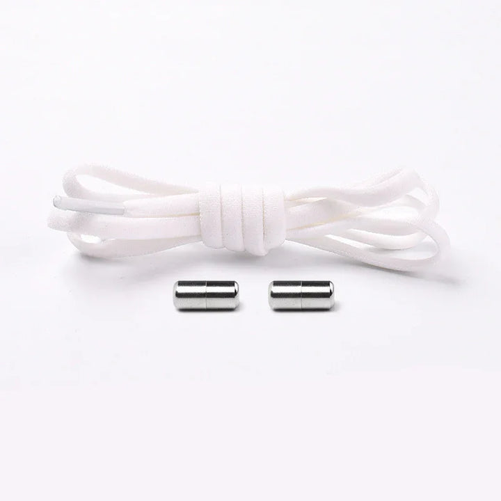 White shoelace with two silver metal aglets on a clean white background