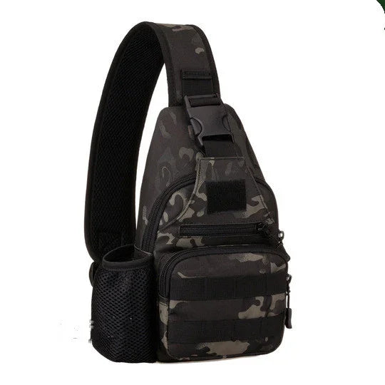 black and gray camo sling backpack with padded strap and multiple zippered compartments