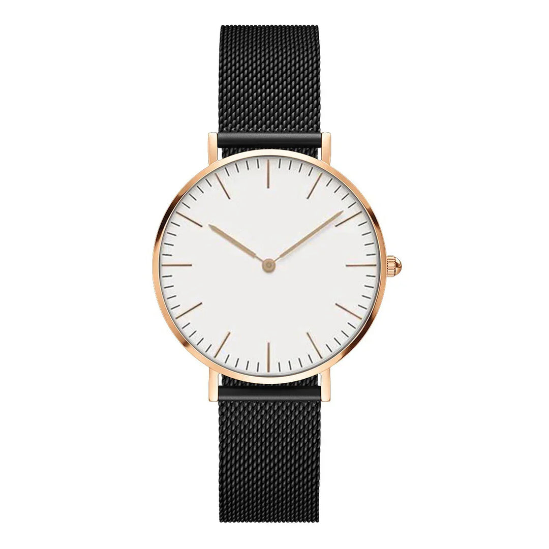 Minimalist wristwatch with white dial, rose gold case, black mesh strap, and simple hour markers