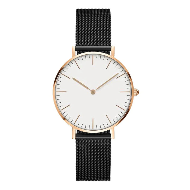 Minimalist wristwatch with white dial, rose gold case, black mesh strap, and simple hour markers