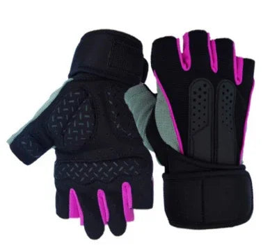 Pair of black and pink fingerless workout gloves with padded palms and wrist support